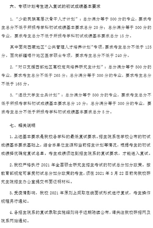 2021考研34所自主划线分数线：复旦大学2021年硕士研究生招生考试考生进入复试的初试成绩基本要求